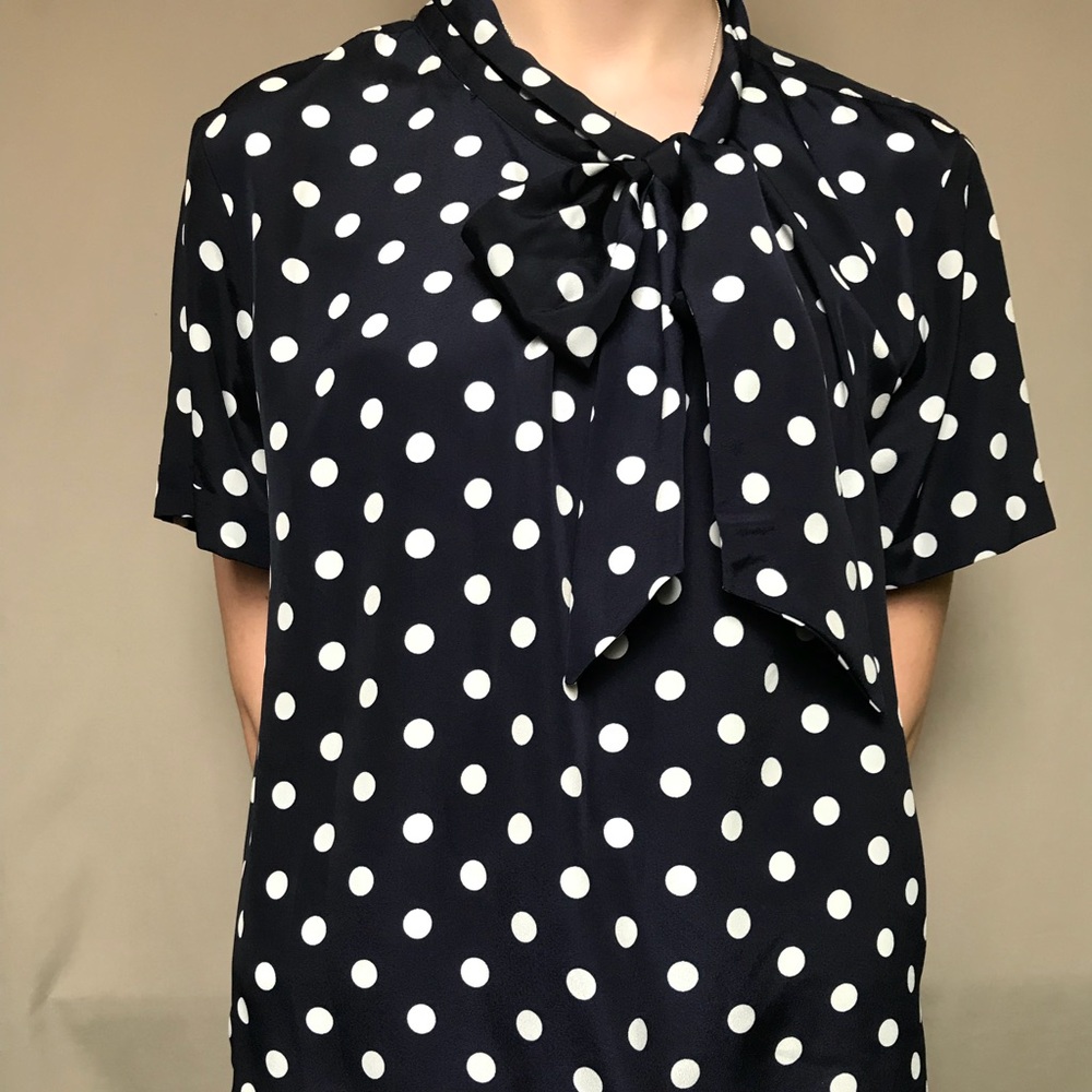 J CREW Polka Dot Navy Tie Blouse